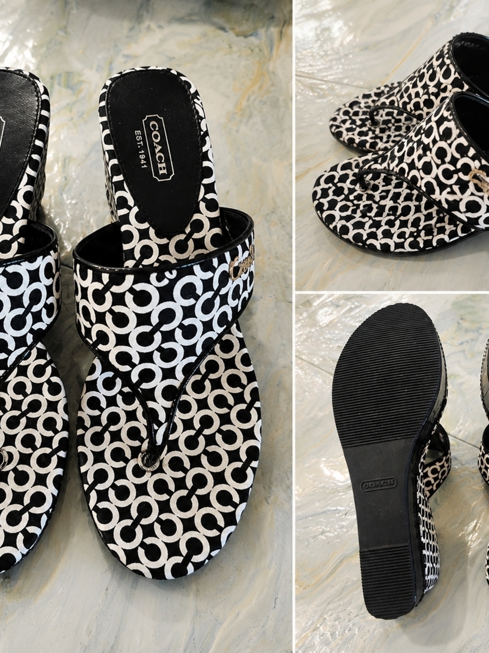 Coach Black & White Signature Print Thong Sandals - Women's